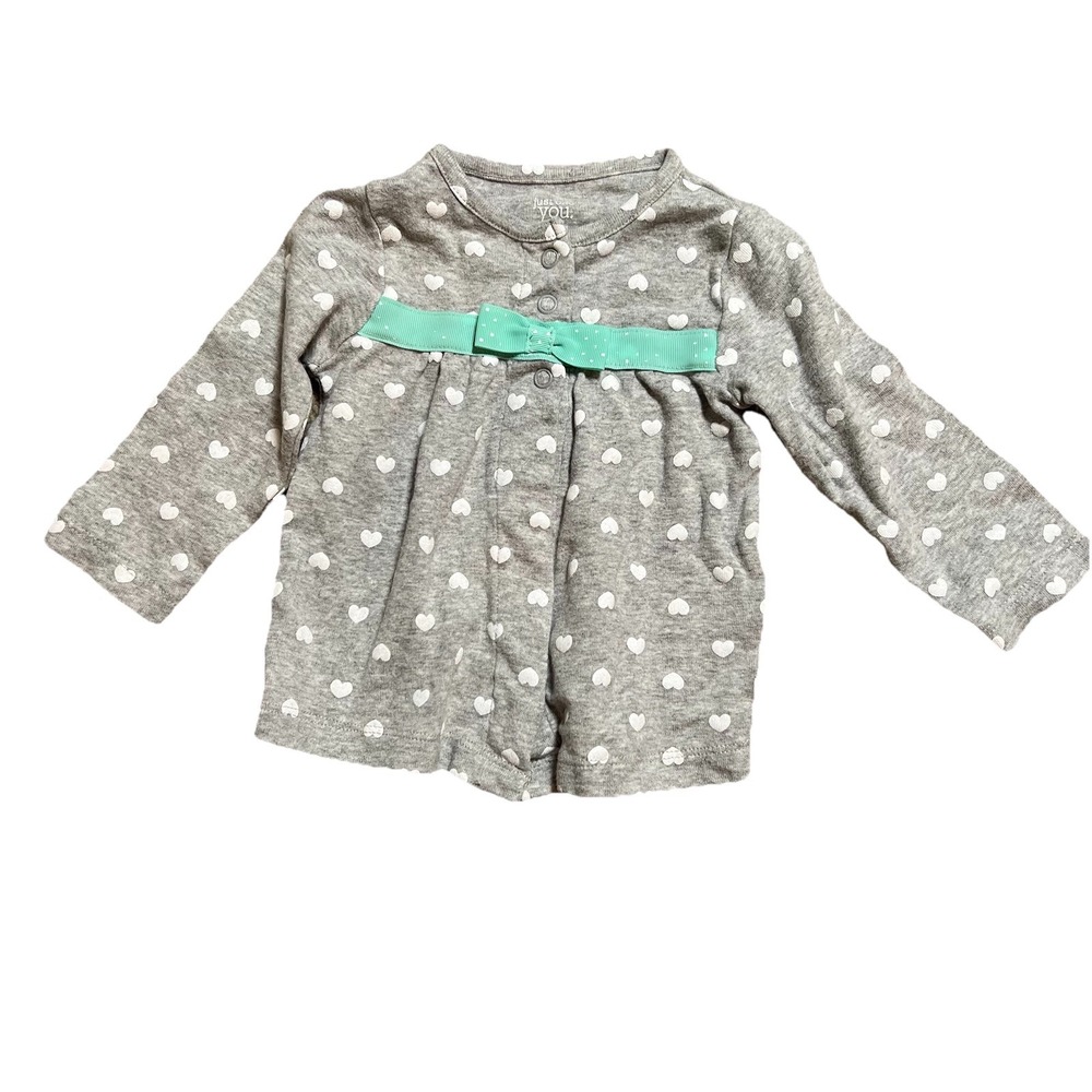 Carters Girls 9 Mos Grey Long Sleeve Shirt White Hearts Turquoise Polka‎ Dot Bow